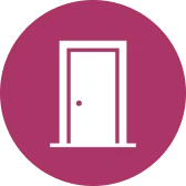 Simple door illustration with pink backdrop.